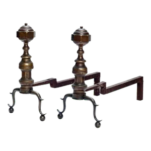 Early 20th Century Arts & Crafts Style Brass & Iron Andirons- a Pair