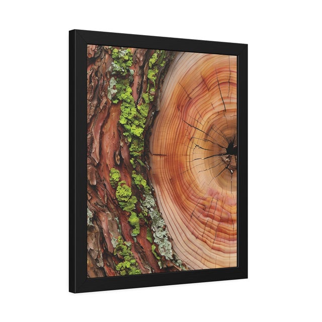 A richly textured moss wall art composition featuring warm tree rings, rugged bark texture, and vibrant green...