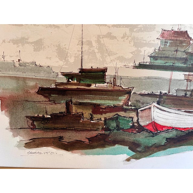 Nautical Original Vintage Framed Sausalito Painting on Canvas 42" X 30" Signed For Sale - Image 3 of 6