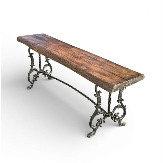 2000 - 2009 Rustic French Cast and Wrought Iron Live Edge Slab Bench For Sale - Image 5 of 8
