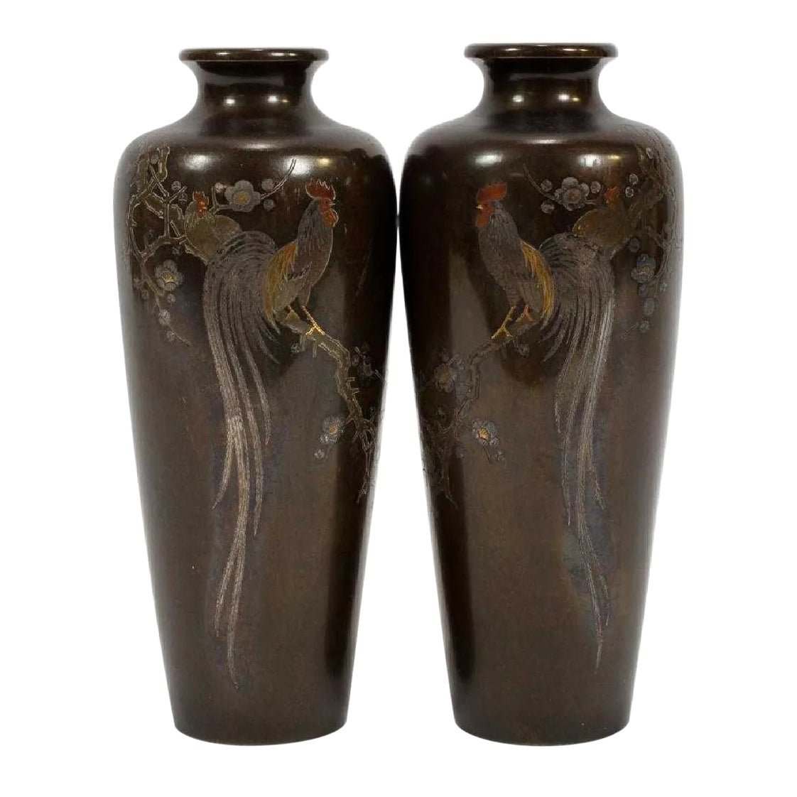 Japanese Bronze Vase With Metal Inlays by Mitsufune - a Pair