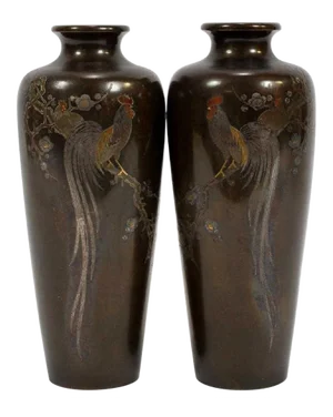 Japanese Bronze Vase With Metal Inlays by Mitsufune - a Pair