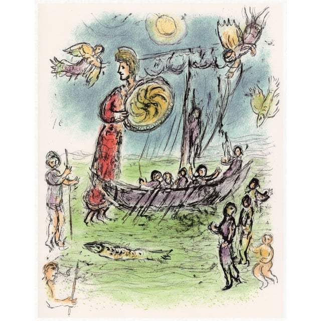 Marc chagall (after) athéna guide la bateau de télémaque (athena guides telemachus' boat) from "odyssey" colour lithograph...