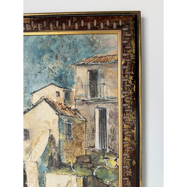Wood Vintage European Village Landscape Oil on Canvas Painting – Framed For Sale - Image 7 of 12
