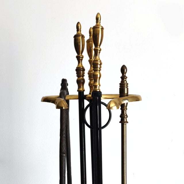 Vintage Cast Iron and Brass Fireplace Tool Set and Stand For Sale - Image 4 of 9