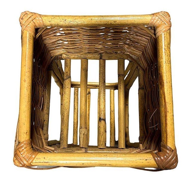 Wood Mid Century Cubed Woven Rattan Pedestal Plant Stand For Sale - Image 7 of 7