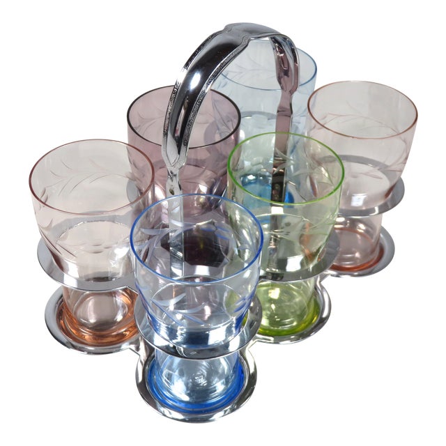 1930s Art Deco Farberware Drinking Glasses & Carrier Set 7 Piece Set