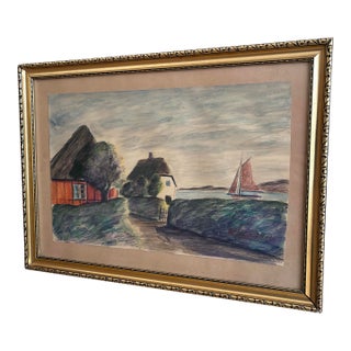 Vintage Coastal Village Drawing, Seaside Cottage Art - Signed For Sale