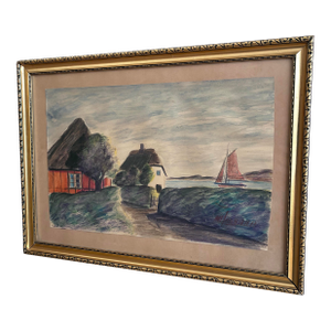 Vintage Coastal Village Drawing, Seaside Cottage Art - Signed