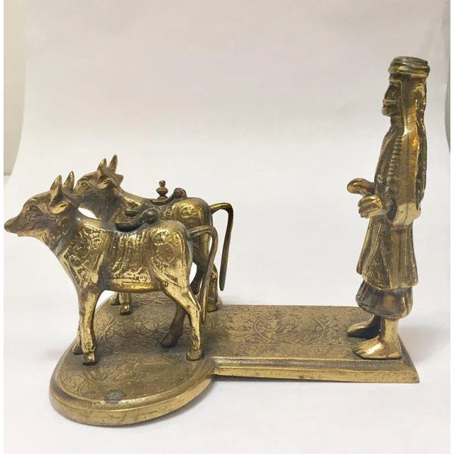 Brass Hindu Temple Oil Lamps Figures a Two Cows and Holly Man Standing For Sale - Image 11 of 13