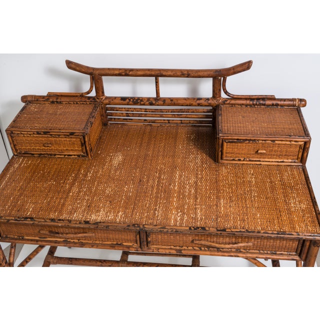 Pagoda Writing Desk British Colonial Style Rattan & Grasscloth For Sale - Image 4 of 10