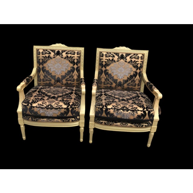 Antique Louis XVI Style Armchair With Carved Gold Frame Newly Reupholstered in a Patterned Velvet - Pair For Sale - Image 4 of 8
