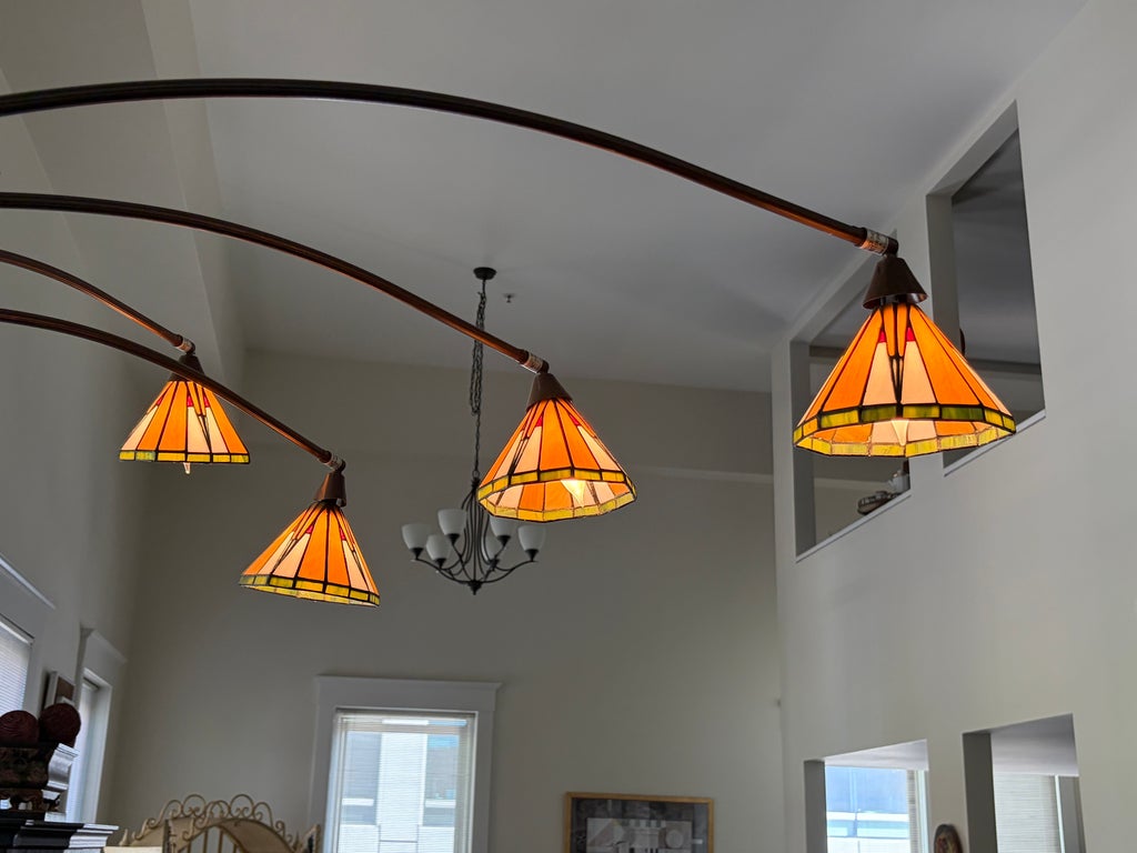 1990s Huge Arc Floor Lamp With Tiffany Style Shades 4 Heads | Chairish