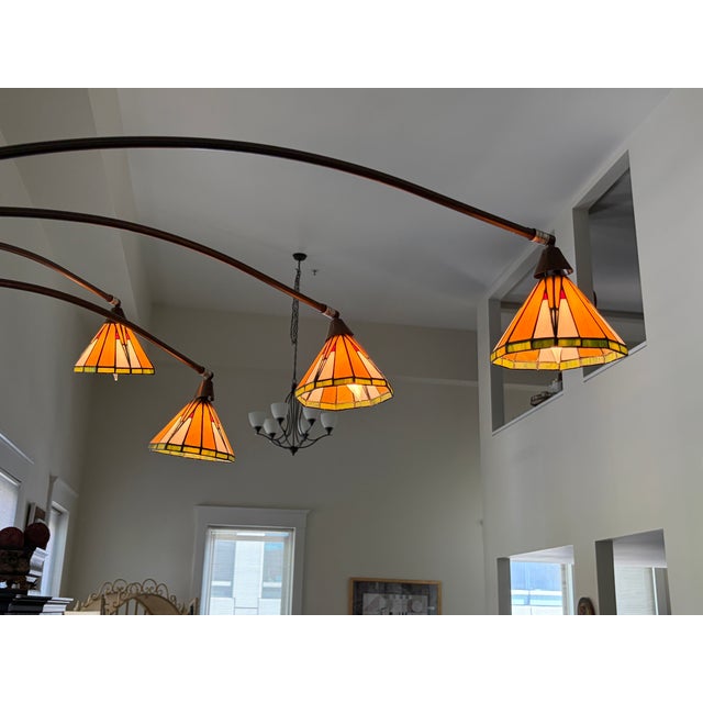 Metal 1990s Huge Arc Floor Lamp With Tiffany Style Shades 4 Heads For Sale - Image 7 of 10