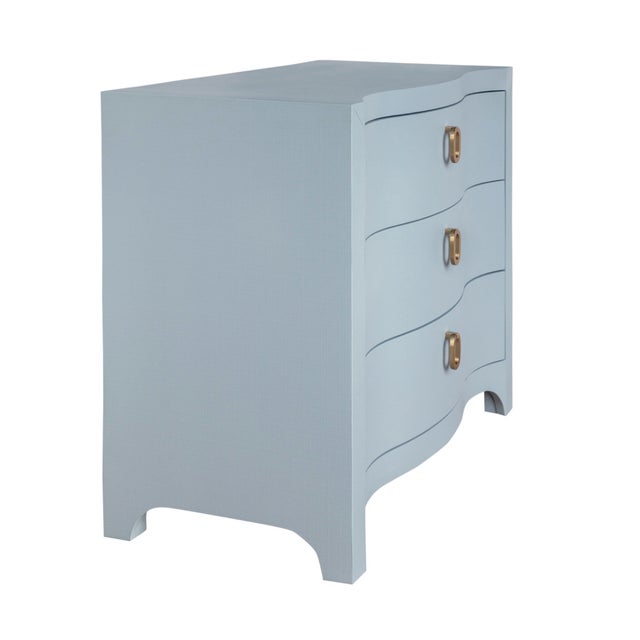 Contemporary Matthew Izzo Home Cora Light Blue Textured Linen Three Drawer Chest With Satin Brass Drawer Pulls For Sale - Image 3 of 9