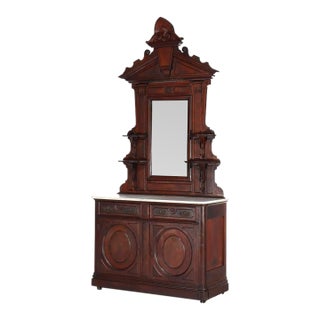 Antique Brooks Renaissance Revival Carved Walnut, Burl & Marble Sideboard C1890 For Sale
