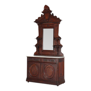 Antique Brooks Renaissance Revival Carved Walnut, Burl & Marble Sideboard C1890