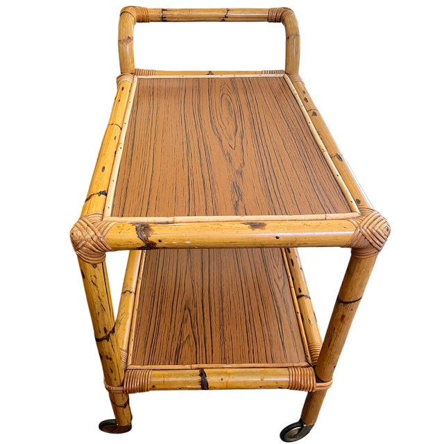 1960s 1960s Burnt Bamboo & Rattan Wrapped Two-Tier Drinks or Bar Cart on Casters For Sale - Image 5 of 12