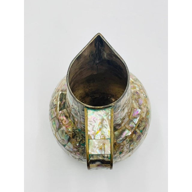 1960s Mexican Brass and Abalone Shell Pitcher Set With Tray and Eight Cups - 10 pcs For Sale - Image 11 of 18
