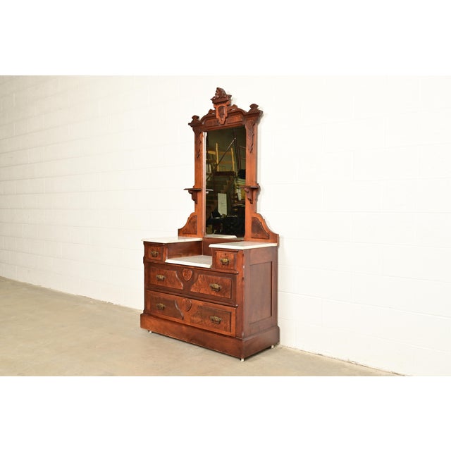Victorian Herter Brothers Style Antique Eastlake Victorian Carved Burled Walnut Marble Top Vanity Dresser With Mirror, Circa 1880s For Sale - Image 3 of 18
