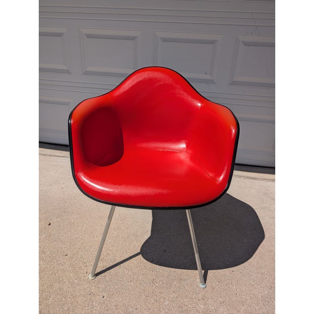 1970s Pair of Red Eames Herman Miller Padded Arm Shell Chairs For Sale - Image 12 of 16