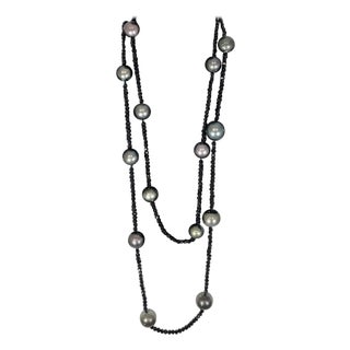 Black Tahitian Pearl Single Strand Necklace with Black Spinel, Opera Length 46 For Sale