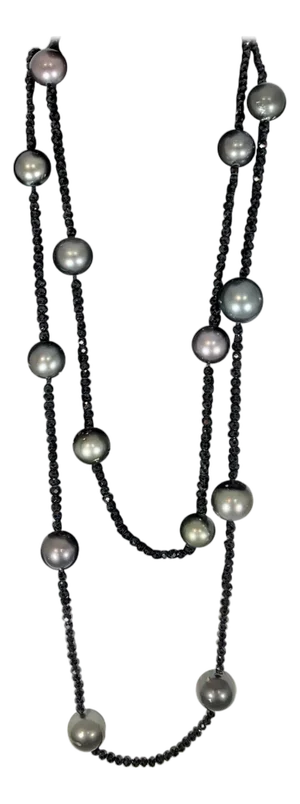 Black Tahitian Pearl Single Strand Necklace with Black Spinel, Opera Length 46
