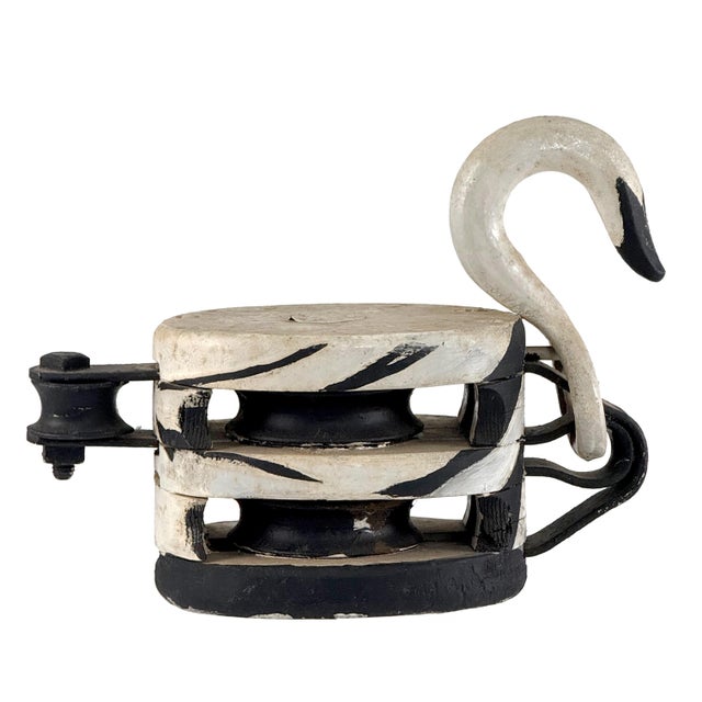 1950s Vintage 1950s Folk Art Swan Painted Black & White Industrial Starline Wood Pulley For Sale - Image 5 of 11