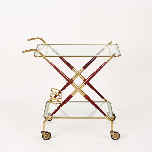 Brass and Burgundy Lacquered Wood Bar Cart by Cesare Lacca, Italy, 1950s For Sale - Image 3 of 15