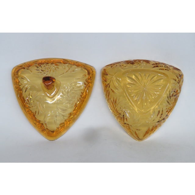 Glass Hazel Atlas Amber Glass Lidded Triangle Dish With Embossed Leaf Pattern 5085b For Sale - Image 7 of 14