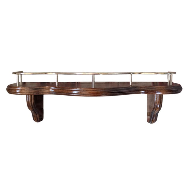 Mid 20th Century Vintage Wooden Wall Shelf With Brass Railing For Sale - Image 5 of 14