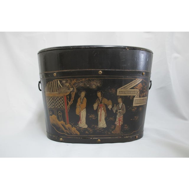 Wood Antique Chinoiserie Chinese Hand Painted Lacquer Wood Rice Bin Box With Lid For Sale - Image 7 of 14