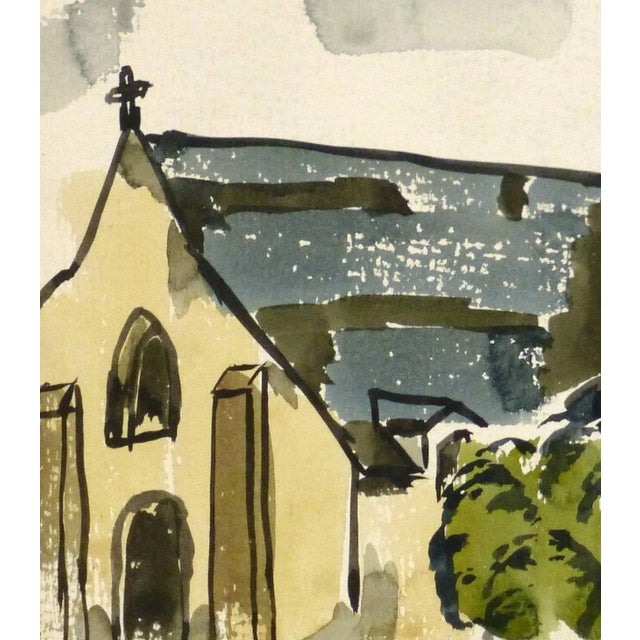 French watercolor painting of a romanesque elegant church surrounded by trees by aritist Wornser, circa 1950. Unsigned....