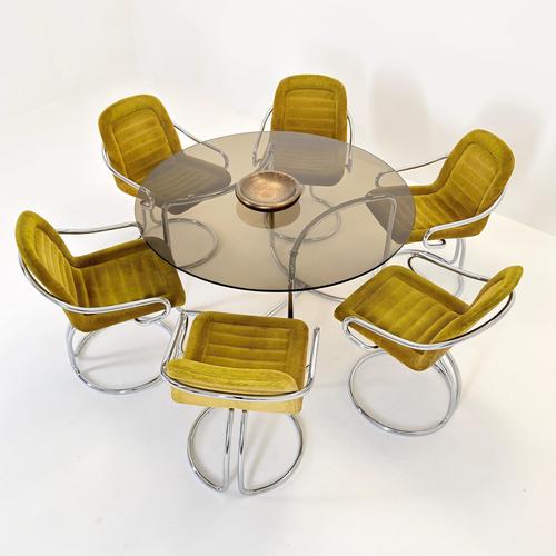 Complete Mid-Century Italian Dining Set – Vittorio Introini Round Smoked Glass Table + 6 Gastone Rinaldi Chrome Cantilever...
