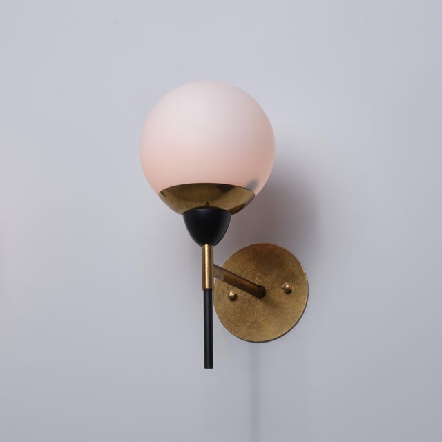 1950s Italian Brass Black Lacquered Metal and Opaline Glass Globe Wall Sconce, 1950s For Sale - Image 5 of 8