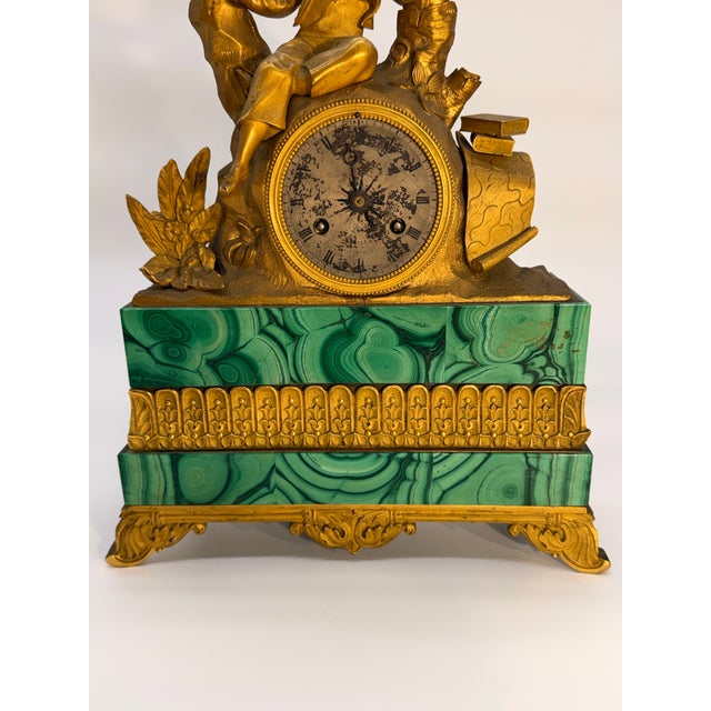 Gemstone Antique Charles X Period Ormolu and Malachite Figural Mantel Clock For Sale - Image 7 of 9