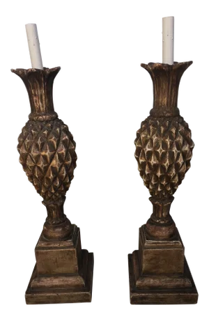 1990s Large Thomas Morgan Silver Giltwood Pineapple Lamps - a Pair