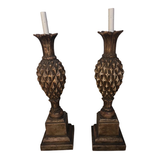 Vintage Large Thomas W. Morgan Silver Giltwood Pineapple Lamps - A Pair For Sale