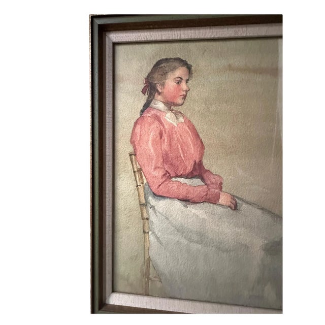 American Antique Watercolor Painting, Portrait of Sitting Woman by Annie S. Johnson, Framed For Sale - Image 3 of 9