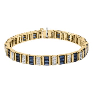 14K Yellow Gold 2/5 Cttw Diamond & 8.0 Cttw Baguette Cut Blue Sapphire Alternating Link Bracelet (G-H Color, VS1-VS2 Clarity) - 7" Inches For Sale