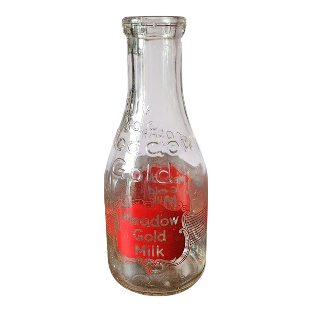 Vintage Meadow Gold Glass Quart Milk Bottle W/ Red Graphics, 1960s For Sale