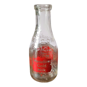 Vintage Meadow Gold Glass Quart Milk Bottle W/ Red Graphics, 1960s