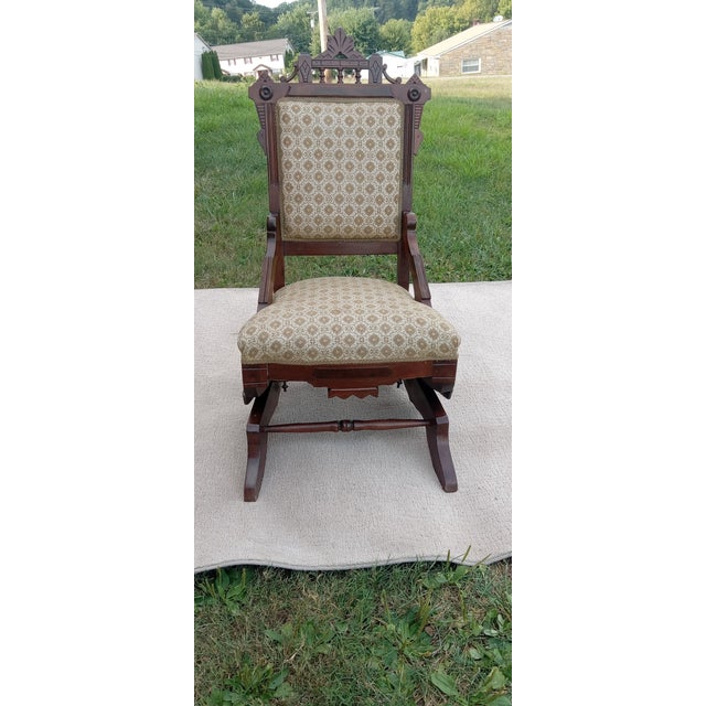1920s Colonial Era Solid Wood Rocking Chair With Ornate Upholstery For Sale - Image 9 of 12