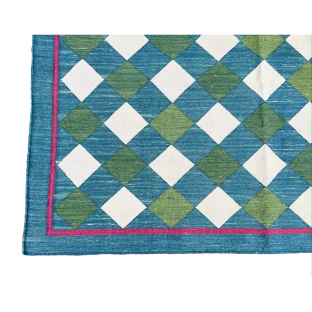 Handmade Cotton Vegetable Dyed Checked Gingham Area Rug Teal Blue With Cream and Forest Green - 8'x10' For Sale - Image 10 of 10