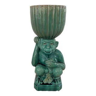 Large Scale Majolica Palm Beach Style Green Monkey Planter / Pedestal Stand For Sale