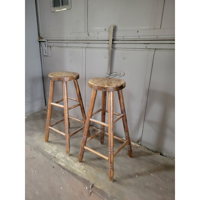 Antique Primitive Wooden Pub Stools For Sale - Image 4 of 11