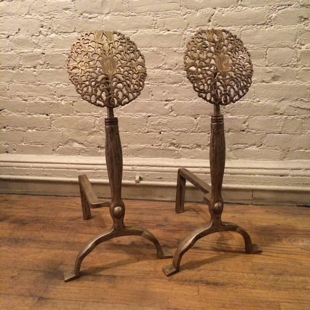 Pair of outstanding, Arts & Crafts, hand-forged, nickel-plated iron andirons with bronze blossom motifs in the style of...