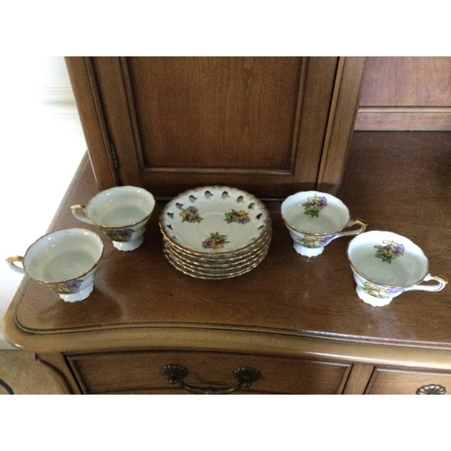 White Mid 20th Century Yellow and Purple Pansies Tea Cups and Saucers Set- 10 Pieces For Sale - Image 8 of 13