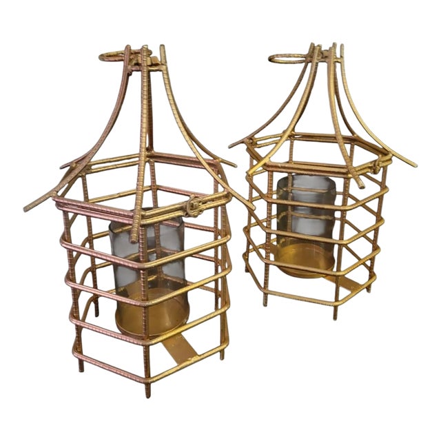 Gold Gilt Pagoda Chinoiserie Regency Large Iron Pillar Candle Holders- A Pair For Sale