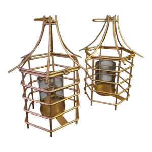 Gold Gilt Pagoda Chinoiserie Regency Large Iron Pillar Candle Holders- A Pair